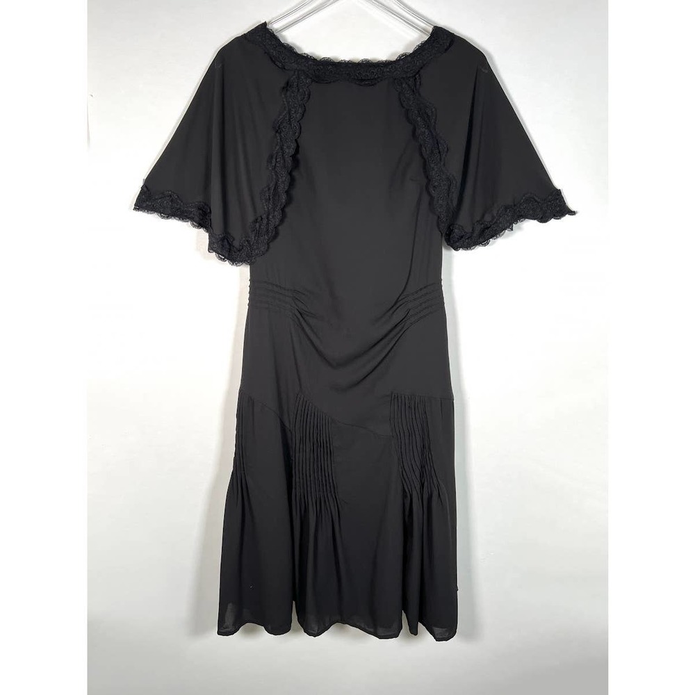 Unique Vintage Women's Lace Trim A-Line Dress S Black Pleated Detail EUC!